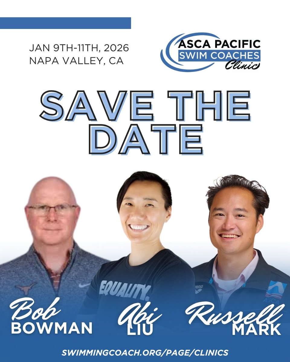 ASCAswim's tweet image. Get excited and save the date in your calendar! 🗓️  Here&apos;s a sneak peek at our speakers for the ASCA Pacific Swim Coaches Clinic! We&apos;re so excited to have Bob Bowman, Abi Liu, Russell Mark, and more amazing speakers with us out in Napa this coming January!

#ASCA #PSCC #SwimCoach
