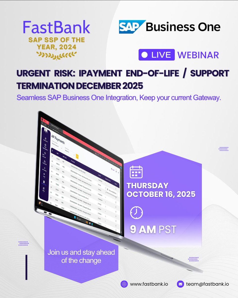 FastBank_io's tweet photo. Missed our September webinar? 🚨
Here’s your second chance to prepare for iPayment End-of-Life (Dec 2025).
📅 Oct 16 | 🕘 9 AM PST
Don’t miss it again — Join us and stay ahead of the change.

https://t.co/iDQ23SaBV0

#FastBank #SAPBusinessOne #Webinar https://t.co/rEzMUceP9H