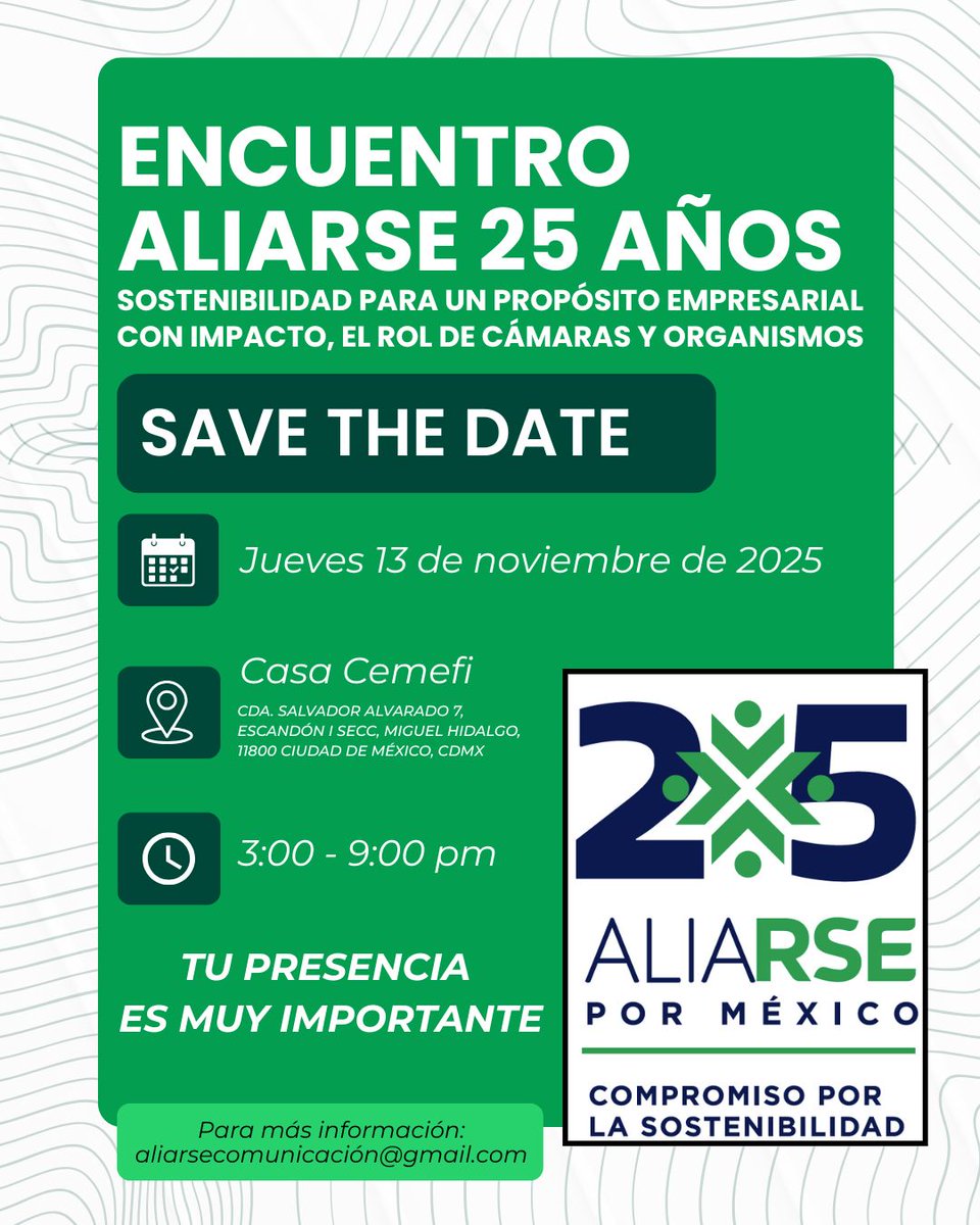 Únete al Encuentro AliaRSE 25 años: Sostenibilidad para un propósito empresarial con impacto: el rol de cámaras y organismos.

Un espacio clave con conversatorios y  networking para impulsar la colaboración.

¡Pronto más detalles!

#AliaRSE25Años #EmpresasTrabajandoXTi