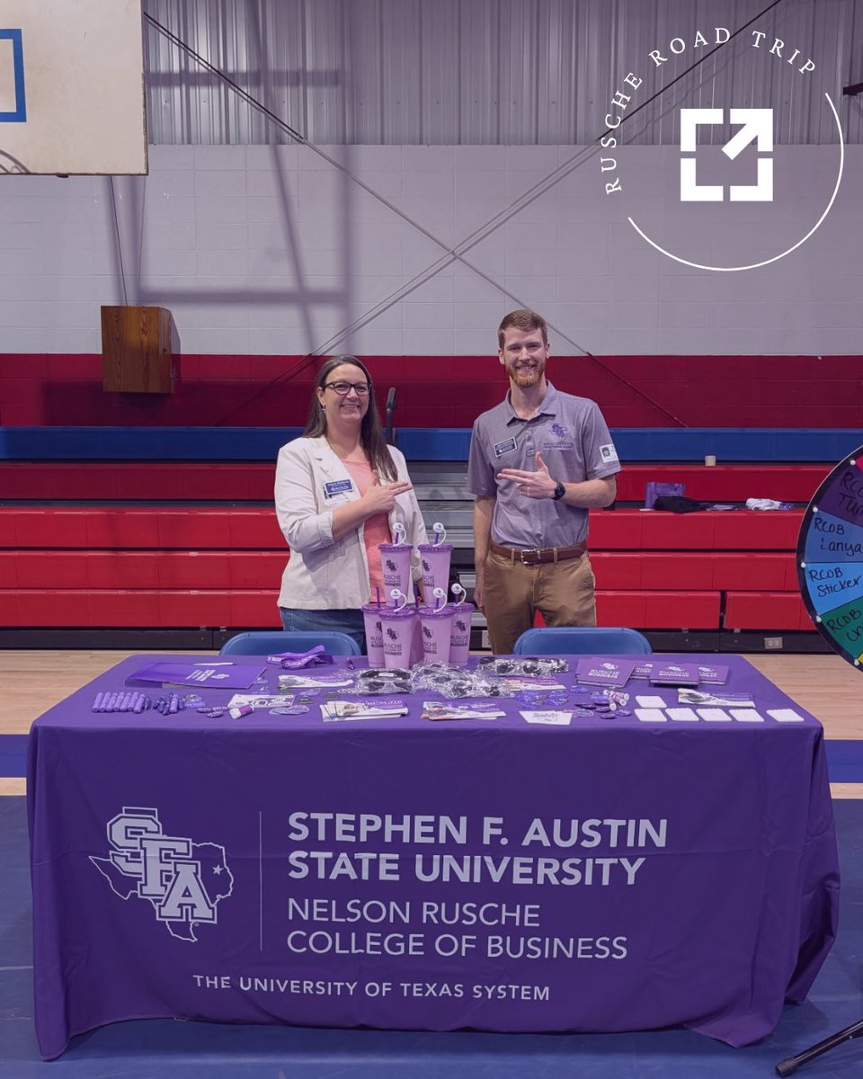 RuscheBusiness's tweet photo. Rusche Road Trip is rolling! We hit the road last week to visit local high schools and share what it means to Experience Business at SFA. Thank you, Mount Enterprise ISD! 💼💜
#SFA #Rusche #RuscheRoadTrip #ExperienceBusiness #FutureLumberjacks https://t.co/8ALikyXZ70