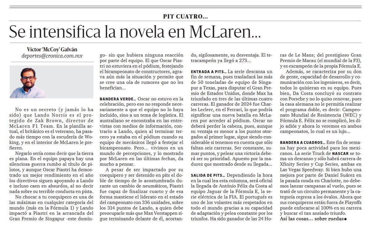 Miércoles de la bonita lectura de automovilismo deportivo. Acá les dejo mi columna #PitCuatro en <a href="/LaCronicaDeHoy/">La Crónica de Hoy</a>... Ya me cuentan... #F1 #McLaren #Jaguar #NASCAR