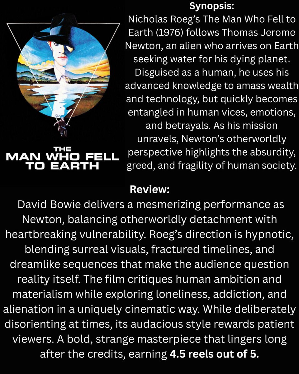 👽 Weird Wednesday 👽

This week’s spotlight: The Man Who Fell to Earth (1976) 
🌌 One alien. One mission. One human world full of chaos.
A film that challenges the way you see both Earth…and yourself.

Check out our full review below ⬇️