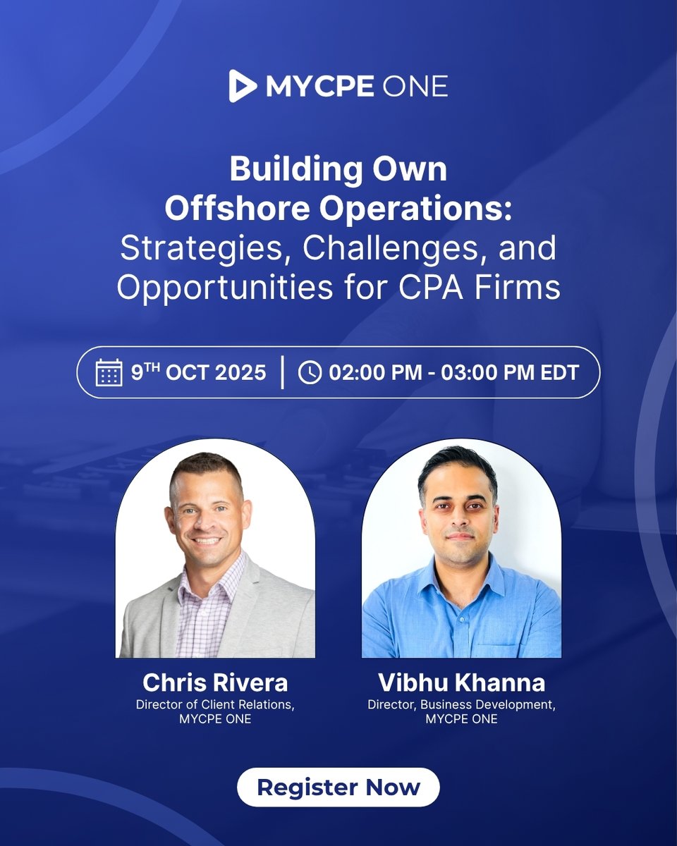 mycpeone's tweet image. Join Chris Rivera and Vibhu Khanna on October 9 at 2 PM ET for a virtual event, “Building Own Offshore Operations: Strategies, Challenges, and Opportunities for CPA Firms.”

Register now: my-cpe.com/virtual-events……

#MYCPEONE #CPAOperations