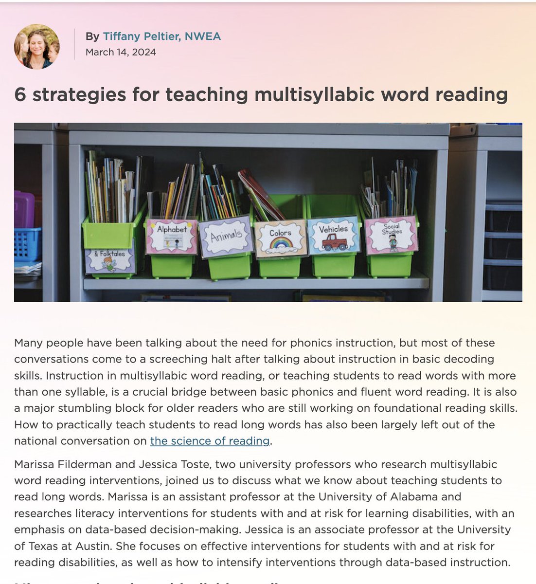 🚀 This October, we're laser-focused on multisyllabic word reading!

As we gear up, check out this post  by Tiffany Peltier and NWEA featuring six practical strategies for making multisyllabic word reading instruction effective and engaging. 

nwea.org/blog/2024/6-st…