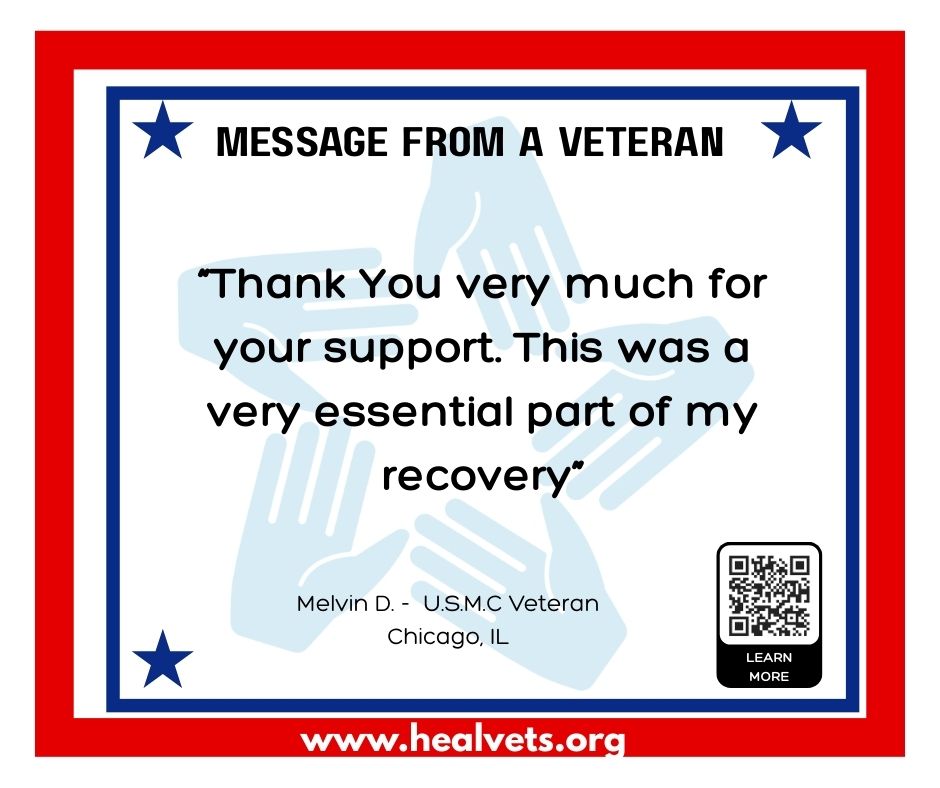 MESSAGE FROM A VETERAN: "Thank You very much for your support. This was a very essential part of my recovery" - Melvin D. - U.S.M.C Veteran, Chicago, IL 
💙 Learn more: HealVets.org

#VeteranVoices #HealVets #SupportOurVeterans #CreativityHeals