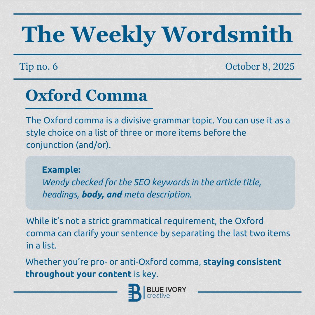 BIvoryCreative's tweet image. The Oxford comma: small, optional… but mighty for clarity. ✍️

Learn how it keeps your lists from getting messy in this week’s #WeeklyWordsmith. 

#grammartips #contentmarketing #copywriting