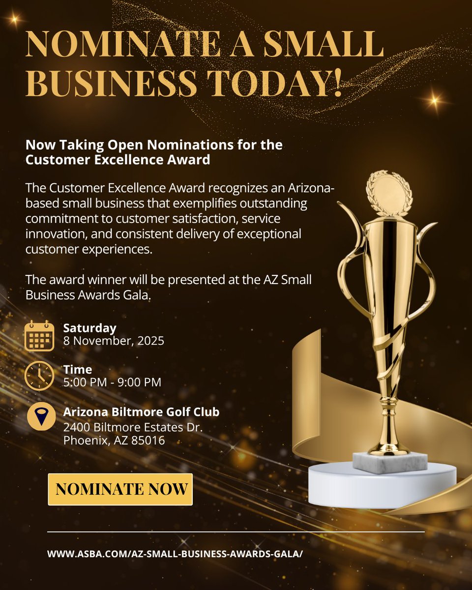 The Customer Excellence Award recognizes an Arizona-based small business that exemplifies outstanding commitment to customer satisfaction, service innovation, and consistent delivery of exceptional customer experiences. 
.
Deadline to Submit: October 10th