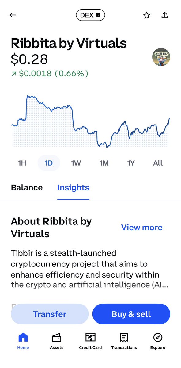 $TIBBIRトークンがCoinbaseアプリに表示され、価格と説明が見えるスクリーンショット
