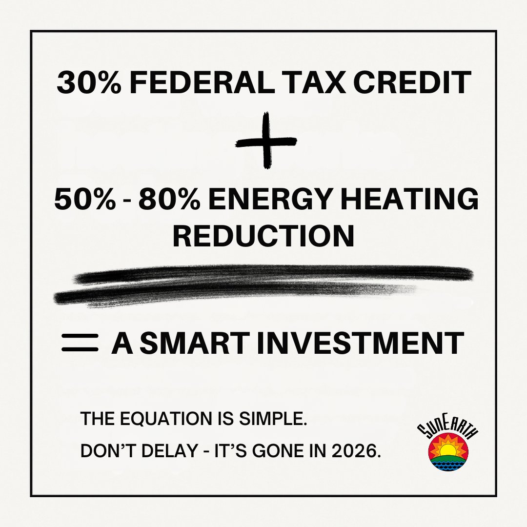 Sunearth_inc's tweet photo. The equation is simple:
30% federal credit + 50–80% energy savings + 2 tons CO₂ avoided = Projects that win.

Deadline: Dec 31, 2025
👉 Act now.

#SolarThermal #30PercentCredit #CleanEnergyFuture https://t.co/7N7GrnyyRV