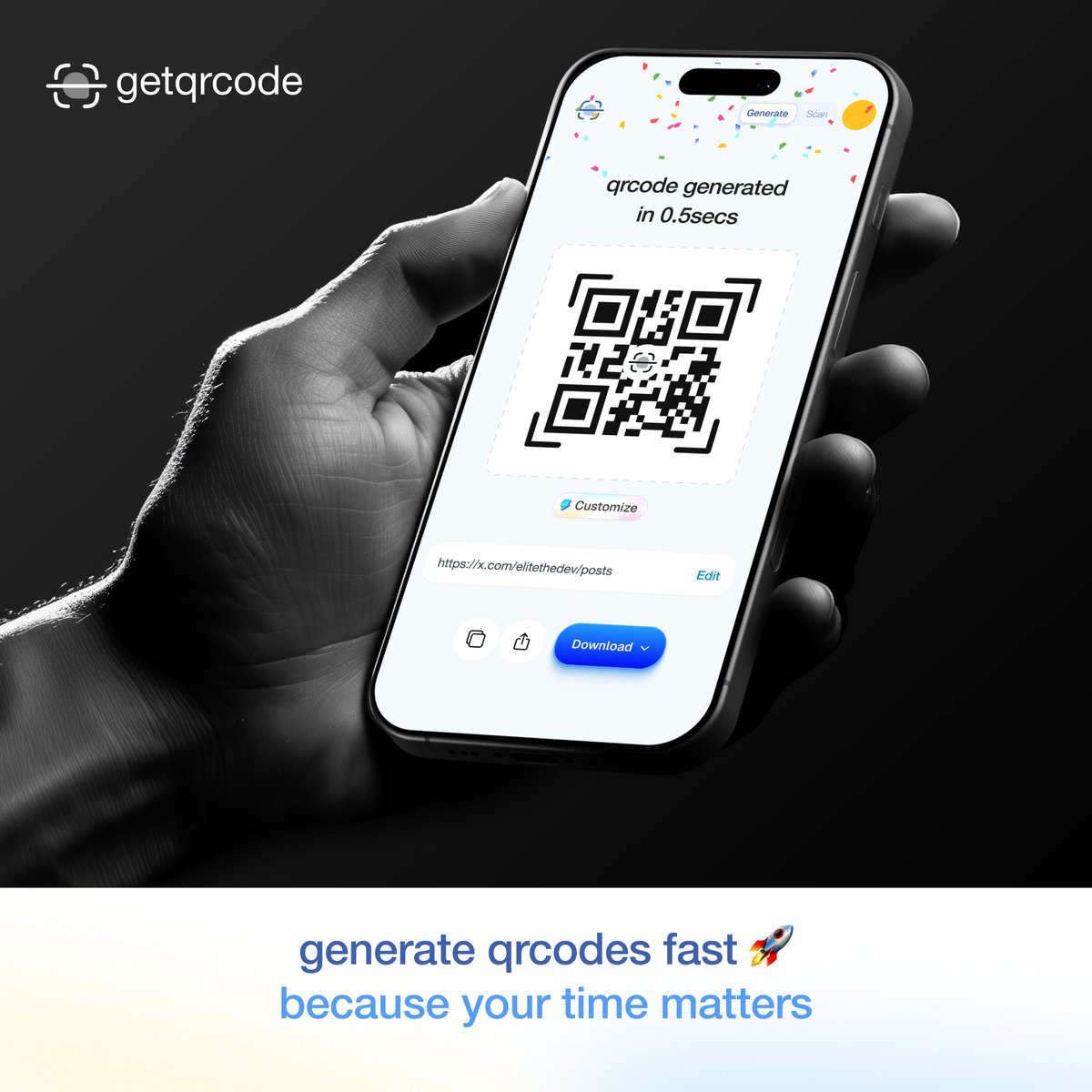 getqrcode's tweet image. Every scan is a potential customer, follower, or fan.
Our lightning-fast QR code generator helps you turn your ideas into opportunities.
No friction, no waiting.