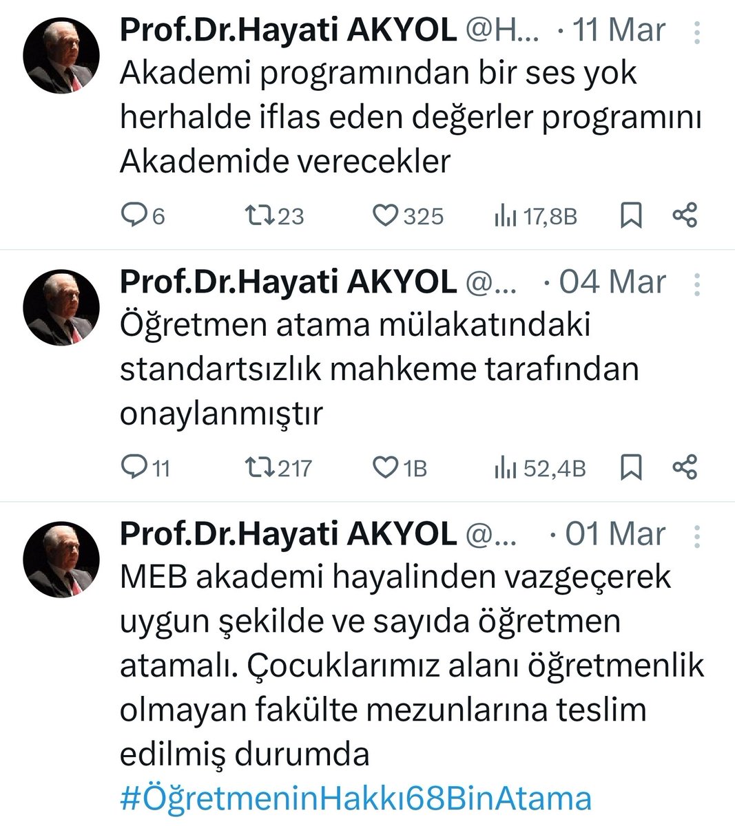 cuneytiltus's tweet photo. Sn. @HayatiAkyol hocam,
Milli Eğitim Akademisi’nin akademik kurulunda yer aldığınızı görüyoruz. Ancak geçmişte paylaştığınız aşağıdaki tweetlerde bu konuyu yoğun şekilde eleştirdiğiniz görülüyor.
 Bu durumda merak ediyoruz: 🔸️Eleştirdiğiniz bir sistemin kurumsal kurulunda yer almanız nasıl izah edilebilir?
🔸️ Ayrıca, mülakat ve akademi konusundaki bu görüşlerinizi doğrudan @afarici ve @Yusuf__Tekin beylerle de paylaştınız mı?