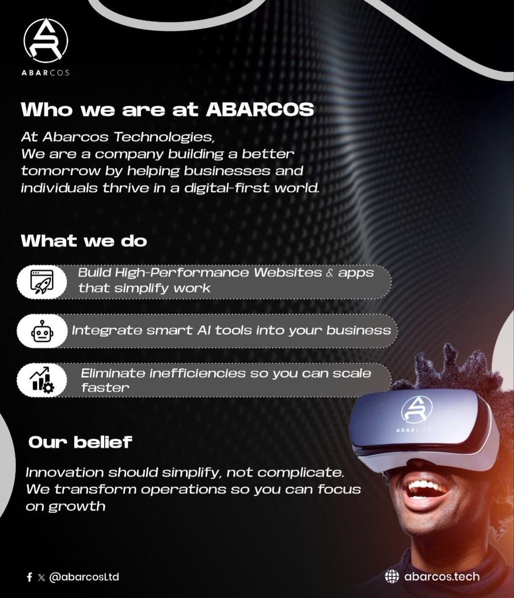 AbarcosLtd's tweet image. We’re Abarcos Technologies, we believe tech should make life easier not harder.
We build high-performance websites, integrate smart AI tools, and streamline processes so your business can grow faster.
More innovation is coming!
#AbarcosTech #TechSimplified #AIForBusiness