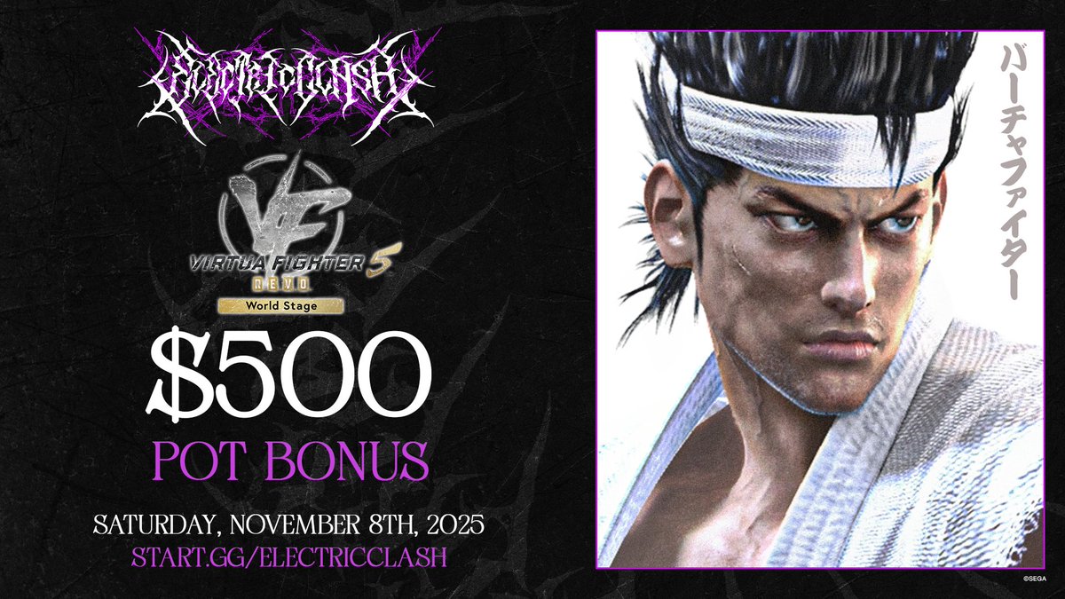 #VF5REVO World Stage is coming to #ElectricClash2025 !!

Along with VF5, we are including a $500 Pot Bonus for the tournament!

The tournament will run on PC (Steam).

Sign-up today if you haven't already! ⬇️
