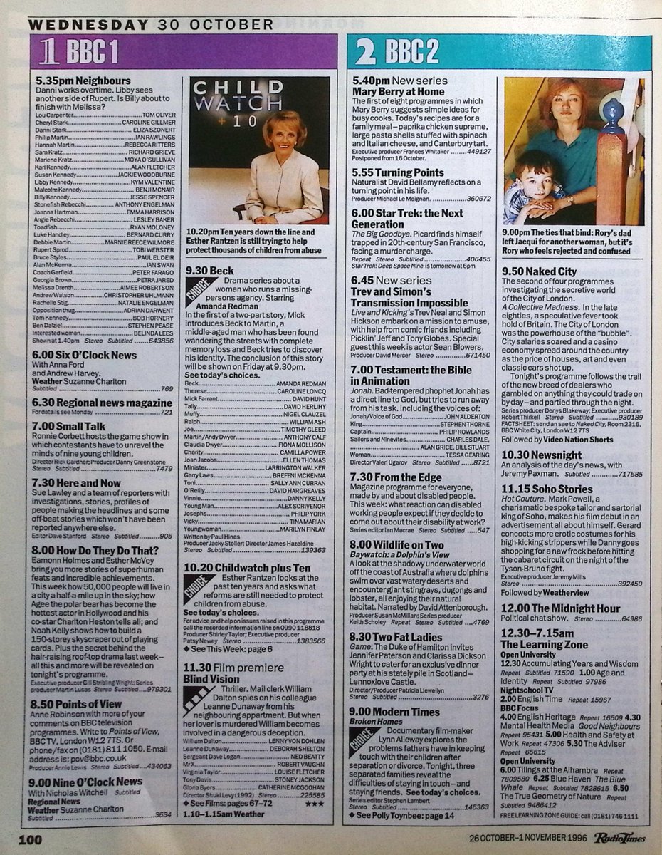 TvDidYouSee's tweet photo. #OnThisDay 30 October 1996 📺TV Listings
#TimVincent hosts #BluePeter.
Maud predicts an exciting future for Raquel in #CoronationStreet.
Can 3 pairs of runners evade capture by a trio of trackers in a game of hide-and-seek across Britain in WANTED, hosted by #RichardLittlejohn. https://t.co/3WTwe4saOz
