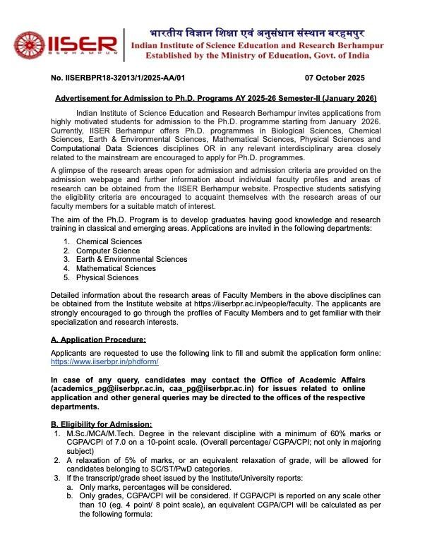 IISER_BERHAMPUR's tweet image. 🚨 PhD application for the January session is now open! Don&apos;t miss out—apply quickly! 📚✨ #PhD #HigherEducation #ApplicationDeadline
iiserbpr.ac.in/webcontrol/upl…
