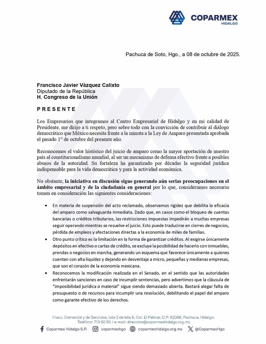 COPARMEX_Hgo's tweet image. 🔵Diputado 
Desde #Coparmex le hacemos un llamado a no aprobar la reforma a la #LeyDeAmparo en sus actuales términos, especialmente por el artículo transitorio que permitiría la retroactividad.               

No podemos dejar indefensos a ciudadanos y empresas.
