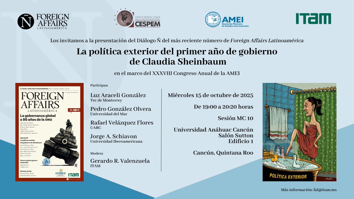 Si asistes al XXXVIII Congreso Anual de la AMEI (<a href="/amei_mx_oficial/">AMEI</a>), te invitamos a participar en la presentación del Diálogo Ñ de la #NuevaFAL "La política exterior del primer año de gobierno de Claudia Sheinbaum", con la participación del Luz Araceli González (<a href="/laguresti/">Luz Araceli Gonzalez Uresti</a>), Pedro