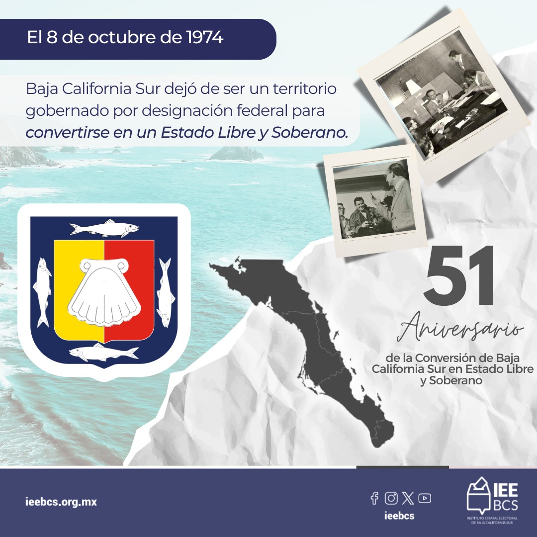 ieebcs's tweet image. 📅 8 de octubre de 1974 | 📍Baja California Sur deja de ser un territorio federal para convertirse en un Estado Libre y Soberano.