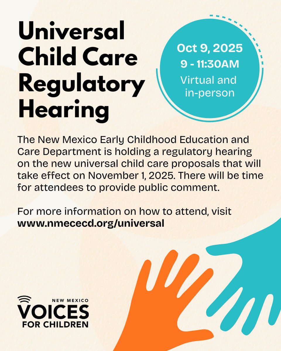 MAKE YOUR VOICE HEARD! Tomorrow morning, the <a href="/NewMexicoECECD/">New Mexico Early Childhood Education and Care Dept</a> is holding a regulatory hearing on the upcoming universal child care proposals and needs your input. Click here for more info on how to attend in-person or virtually: bit.ly/48EalvJ #nmpol