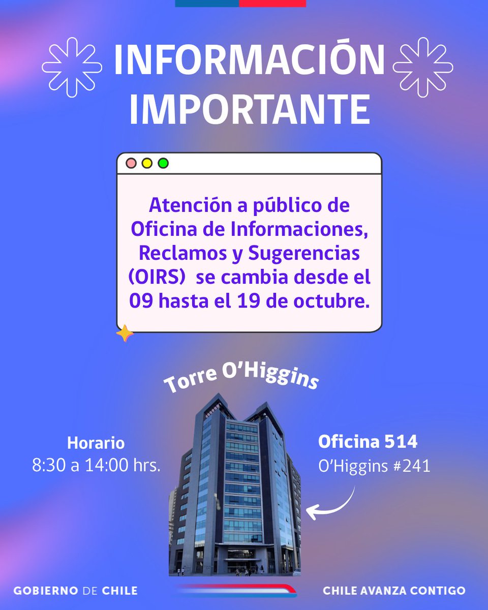 📢 Atención a público OIRS

Desde el 9 hasta el 19 de octubre, la Oficina de Informaciones, Reclamos y Sugerencias (OIRS) atenderá en oficina 514. Nuestro horario de atención seguirá siendo el habitual: 8:30 a 14:00 horas.