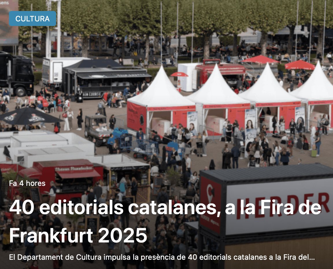 🔘40 editorials catalanes, a la Fira de Frankfurt 2025, la cita més important del sector editorial europeu, per reforçar la projecció internacional de la literatura catalana <a href="/cultura_cat/">Cultura</a> 

🔗rab.cat/2025/10/08/edi… 

#Frankfurt