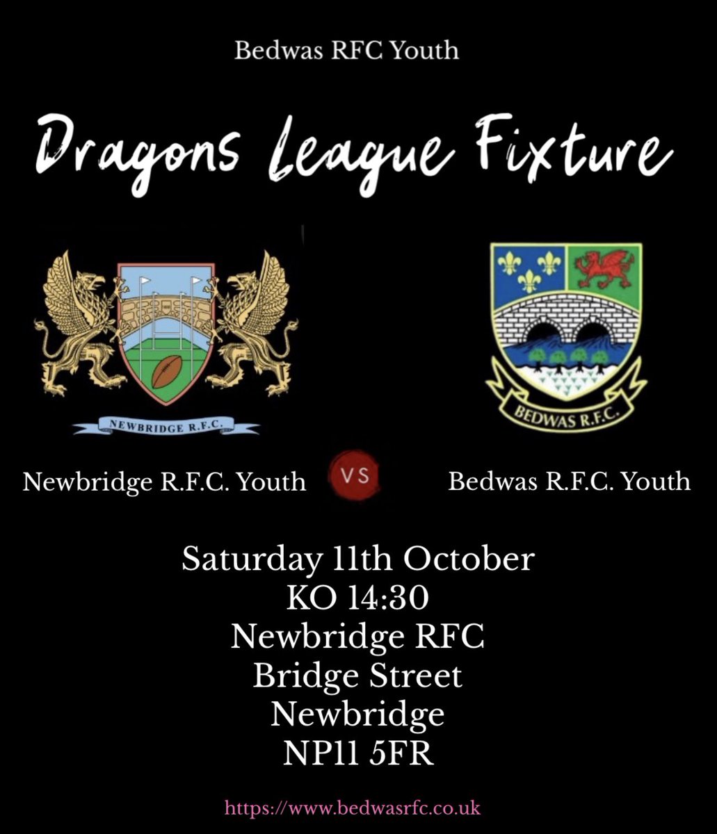 Next up in the Dragons 🐉 League we are away to Newbridge. 
Come along and support the Bedwas boys who are back in league action this weekend. ⚫️⚪️
#wassyouth