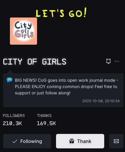 BIG NEWS! CoG goes into open work journal mode - PLEASE ENJOY coming common drops as I tackle my most ambitious art project thus far! 

Starting next week at <a href="/drip_haus/">DRiP 💧</a> !

Thanks for the support thus far!
Got any questions? Just type them below!

XO
/A