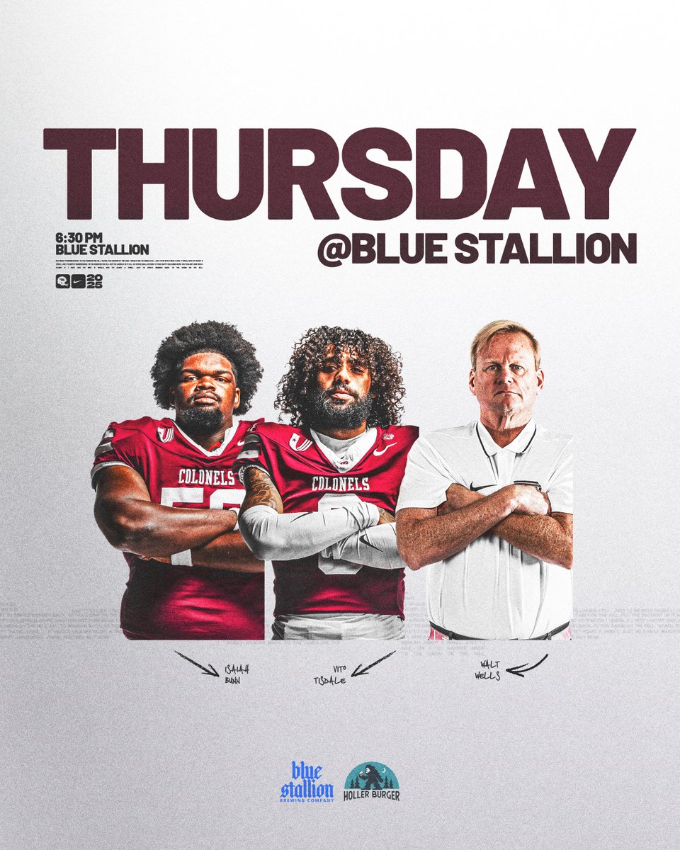 EKUFootball's tweet photo. Be sure to join us for Thursday with the Colonels!

At noon, LB Braden Sullivan joins Coach Wells at the Golden Corral Luncheon!

At 6:30 p.m., it's Thursday Nights with the Colonels at Blue Stallion Richmond Taproom - Holler Burger with Coach, OL Isaiah Bunn, and DB Vito Tisdale!

#E2W | #MatterOfPride