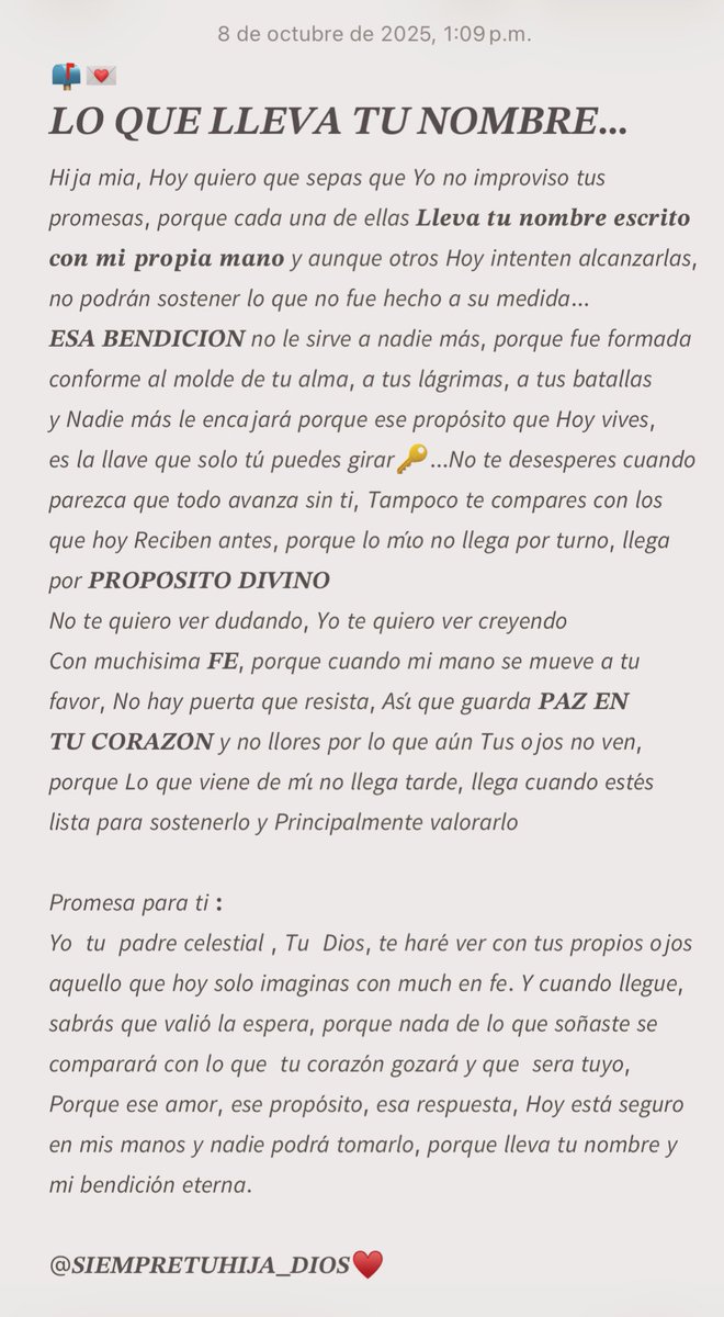 💌

𝐋𝐎 𝐐𝐔𝐄 𝐄𝐒 𝐏𝐀𝐑𝐀 𝐓𝐈, 𝐋𝐋𝐄𝐕𝐀 
𝐓𝐔 𝐍𝐎𝐌𝐁𝐑𝐄
Y créeme, No le sirve a nadie
Más, Porque DIOS con mucho
Amor diseño un propósito único,
Que solo la lleve que El te asignó,
Podrá abrir esa puerta, Donde
Tu encontrarás todo lo que El
Con amor te prometió

🔑♥️