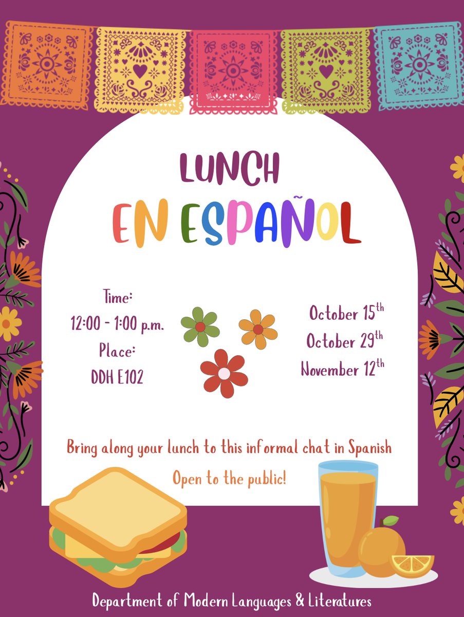 CSUBAH's tweet image. 🌮 ¡Save the date! Lunch en Español returns this fall! 

Bring your lunch &amp;amp; join us for friendly Spanish conversation.

🗓️ Oct. 15 | Oct. 29 | Nov. 12
🕛 12–1 p.m. | 📍 DDH E102

Open to everyone!

#CSUB #AH #LunchEnEspanol #Spanish