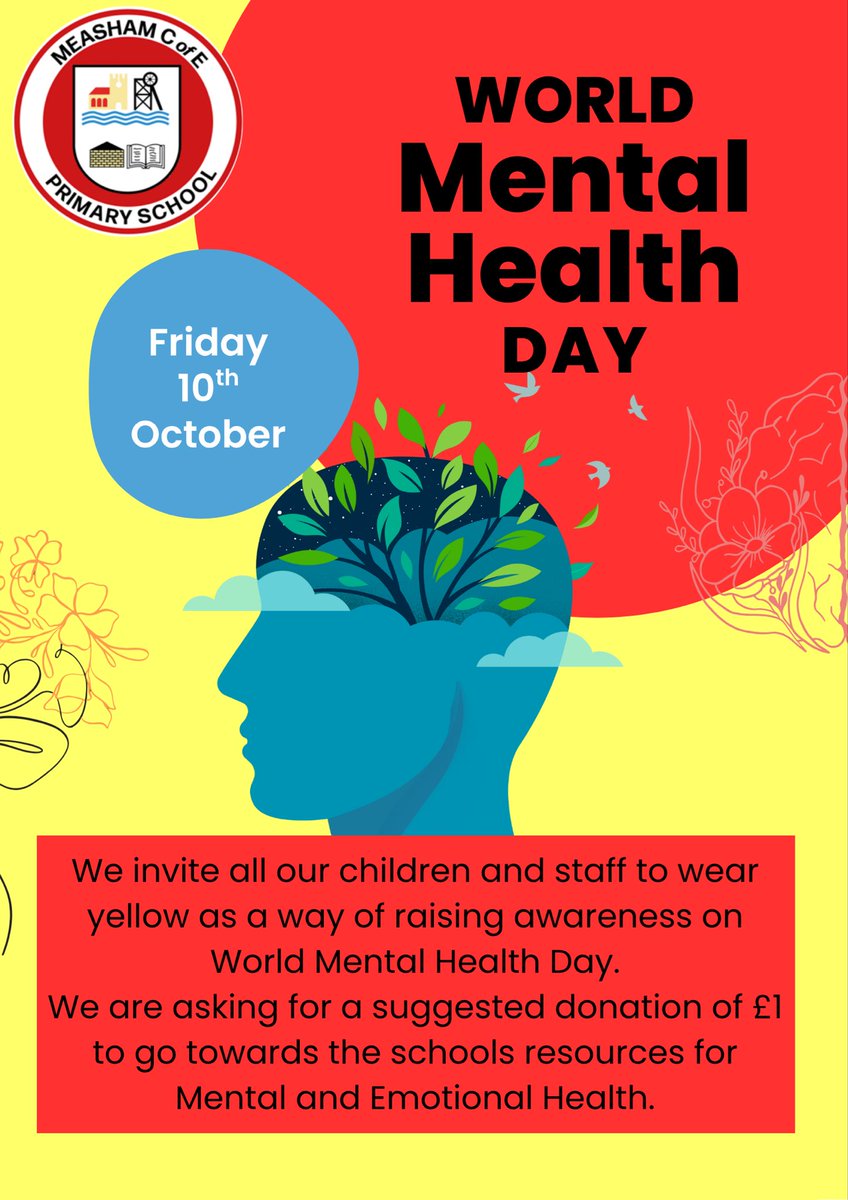 MeashamPS's tweet photo. 💛 World Mental Health Day – Friday 10th October 💛

We’re supporting World Mental Health Day by inviting all children and staff to wear yellow as a way of raising awareness about the importance of mental and emotional wellbeing. 🌼

@Rise_MAT https://t.co/qyuA9yI2wP