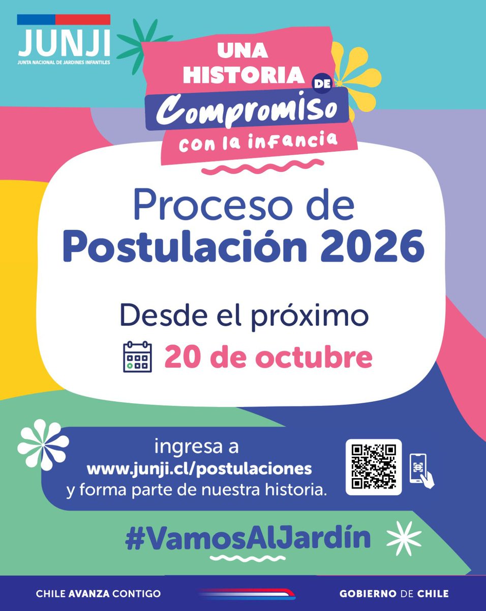 🟣 Desde este próximo 20 de octubre y hasta el 5 de diciembre participa del Proceso de Postulación 2026 para Salas Cuna y Jardines Infantiles. 

💻 Ingresa a junji.cl/postulaciones para conocer todos los detalles.

✨Construyamos la Educación Parvularia Pública que soñamos