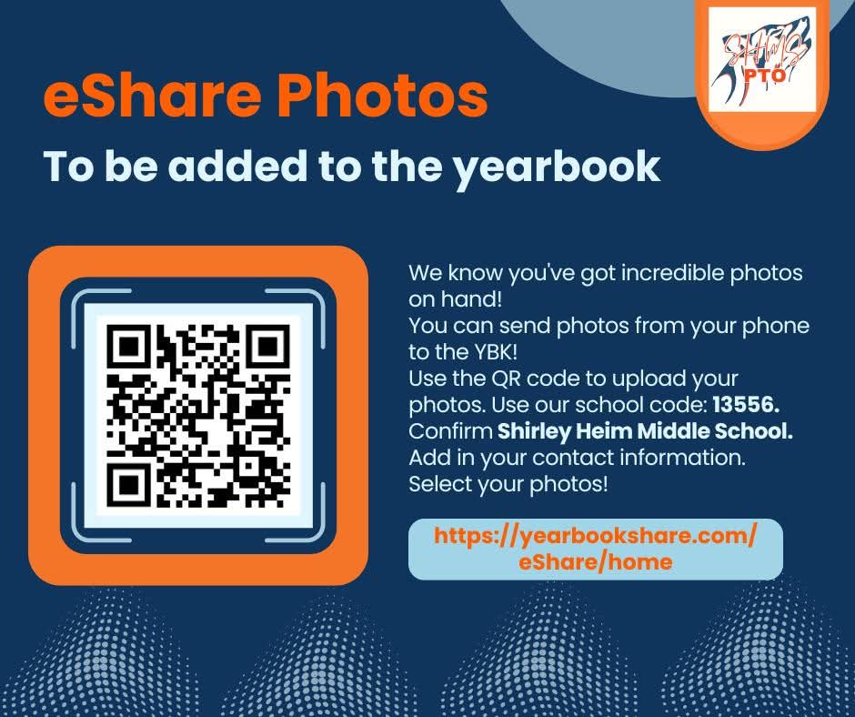 HeimPto's tweet photo. We know you've got incredible photos on hand! You can send photos from your phone. Use the QR code to upload your photos. Use our school code: 13556 Confirm Shirley Heim Middle School. Thank you! https://t.co/ExiL62pfGb @Shirley_Heim_MS #PackPride #WeAreHEIM #UnityUnleashed https://t.co/wTy7UvXGC9
