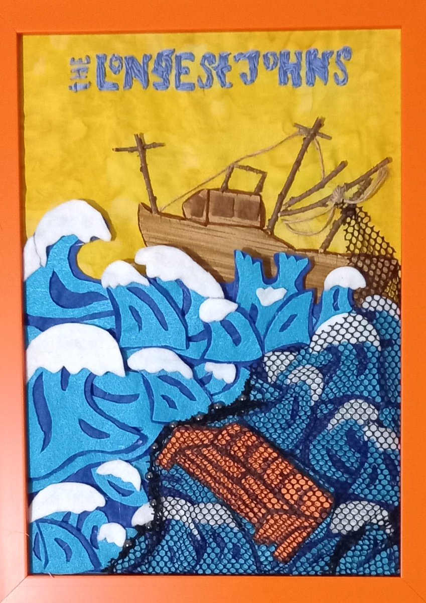 LibrarySpider's tweet photo. Because I am in my nautical era 🌊💙🌊 I am making textile art inspired by @TheLongestJohns cover art. Here is my interpretation of the album Caught in the Net vol 1. If you have ever watched one of their livestreams you will recognise that orange sofa! 🧡 https://t.co/WLkqPJ2bR3