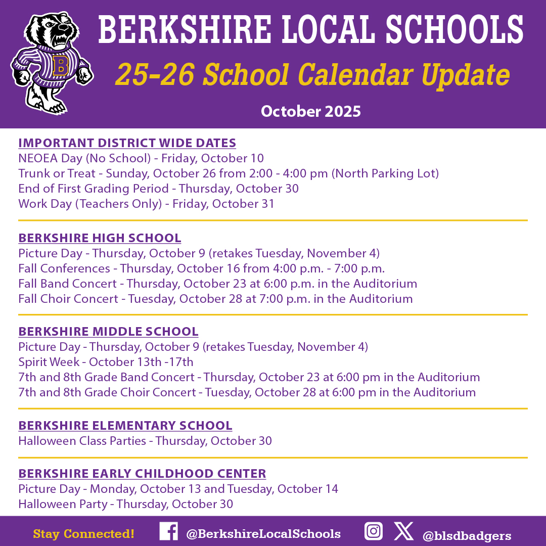 🗓️🍂Berkshire families - Be sure to mark your calendars for these important dates and events taking place on our campus this October!