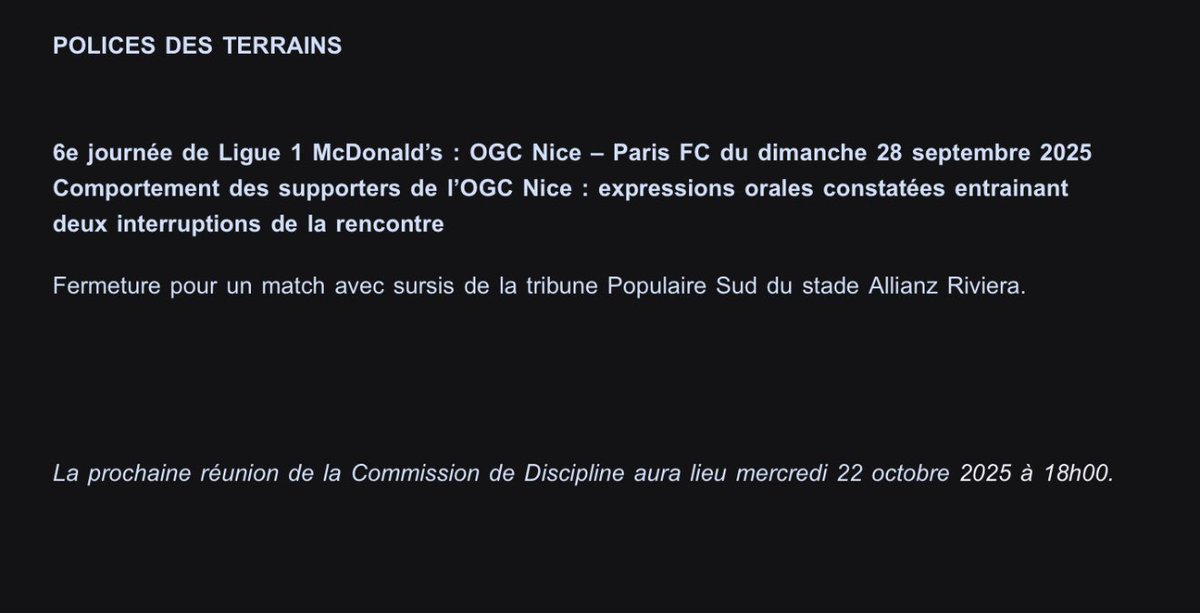 🚨 Fermeture pour un match avec sursis de la tribune Populaire Sud #OGCNice