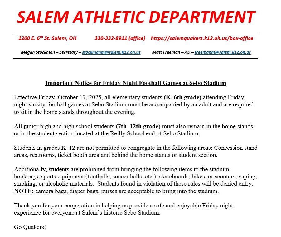 In response to recent security threats both nationally and in the Mahoning Valley, we have met with Salem City Schools to review and strengthen safety protocols for all athletic events.
The safety of our players, coaches, officials, and fans remains our highest priority.