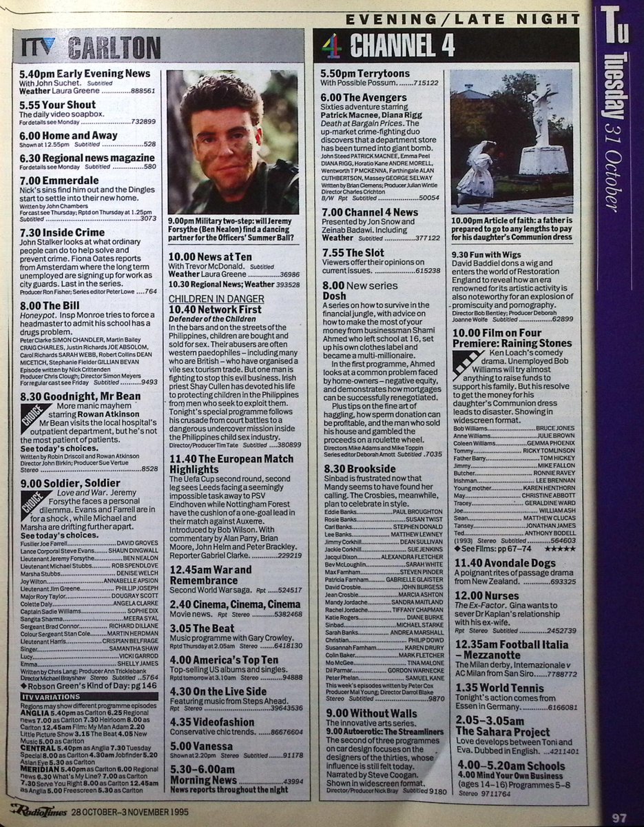 TvDidYouSee's tweet photo. #OnThisDay 31 October 1995 📺TV Listings
Behind the scenes of #BykerGrove in TAKE TWO.
It's a Hallowe'en night of panic in #EastEnders.
#CraigCharles stars in #TheBill.
More from #RobsonGreen in SOLDIER, SOLDIER.
#RowanAtknson in the last episode of #MrBean - GOODNIGHT, MR BEAN. https://t.co/53VGqsavuv