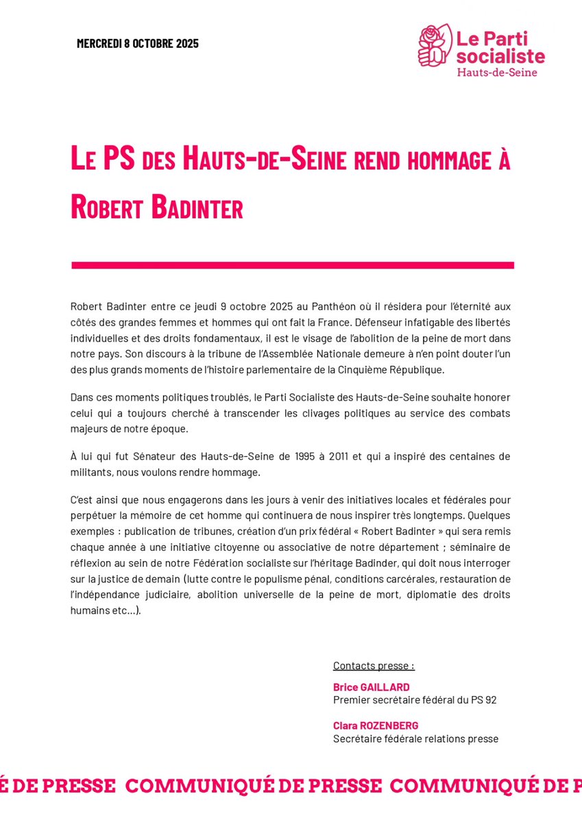 Robert Badinter entre ce jeudi 9 octobre au Panthéon où il résidera pour l'éternité aux côtés des grandes femmes et hommes qui ont fait la France. 
Le PS des Hauts-de-Seine lui rend hommage🌹⬇️