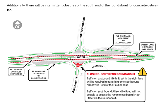 Hamilton County Press Release 

Ramp Closure - 146th St and Allisonville Rd

Beginning on or after, 10/9 between the hours of 9AM and 3PM, drivers should expect the SW ramp at 146th and Allisonville to be closed. Drivers will not be able to access Allisonville Rd from EB 146th St