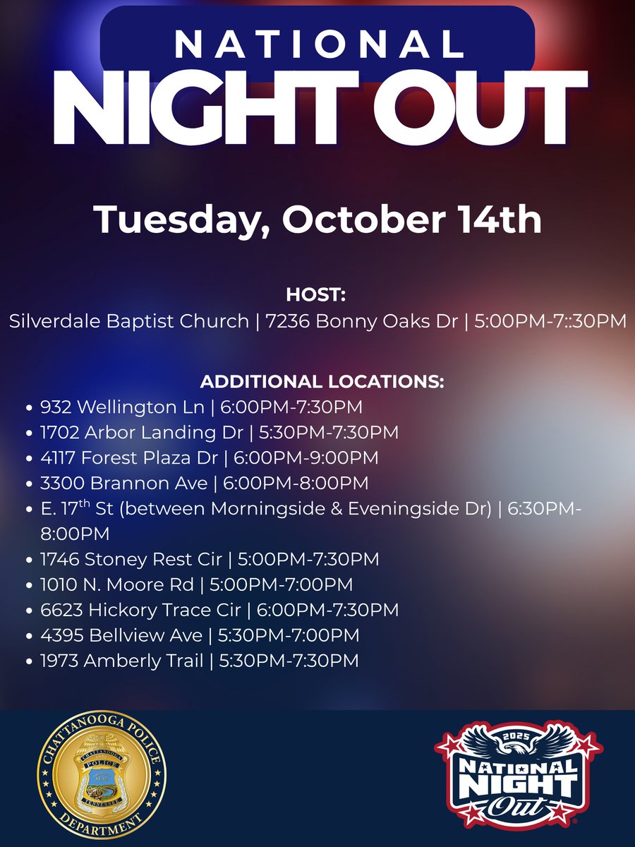 National Night Out 2025 is set for Tuesday, October 14, with gatherings taking place across Chattanooga neighborhoods and a citywide host event at Silverdale Baptist Church. MORE INFO: bit.ly/4nBquGJ