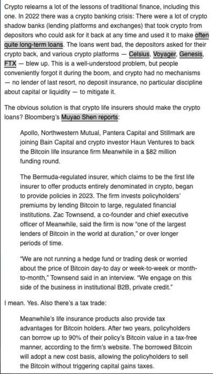 ztownsend's tweet image. Another amazing write-up on @meanwhilelife by @matt_levine, who immediately focused on the most interesting but overlooked part of our business: we're building long-duration debt capital markets in BTC, or as one investor put it "@apolloglobal invests in the Apollo of crypto!"