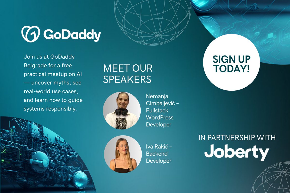 We’re teaming up with Joberty for a FREE hands-on AI meetup at GoDaddy’s #Belgrade, #Serbia office on Oct 23rd! 🚀

Seats are limited, grab yours now! 👉 meetups.joberty.com

#GoDaddyLife #AI #TechMeetup