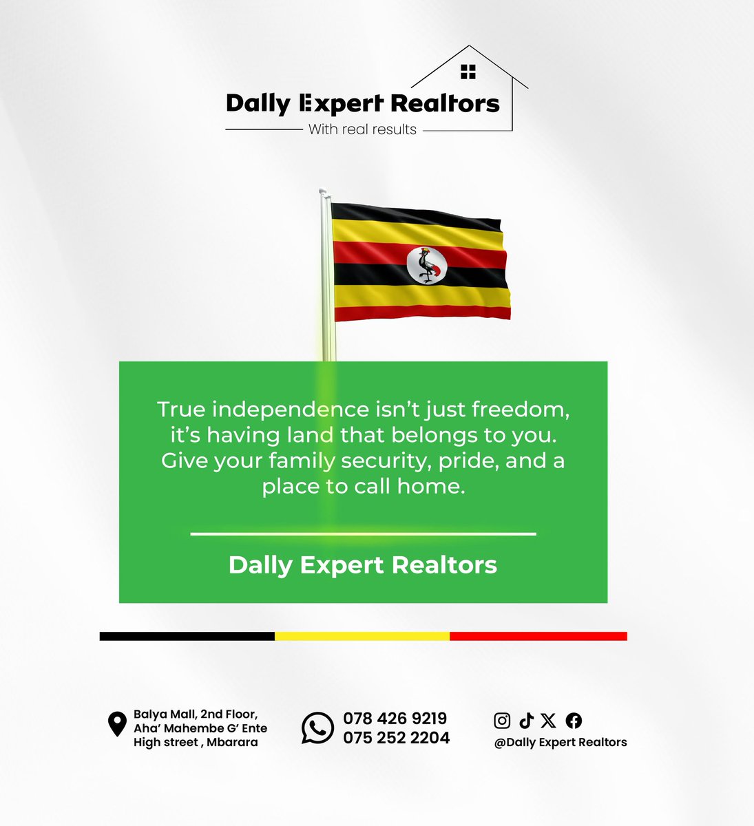True independence begins with ownership! 🏡✨

At Dally Expert Realtors, we believe freedom is more than just celebrating — it’s about securing land that belongs to you and your family.

Own your piece of Uganda today — with ready Freehold titles and prime plots in Mbarara City.