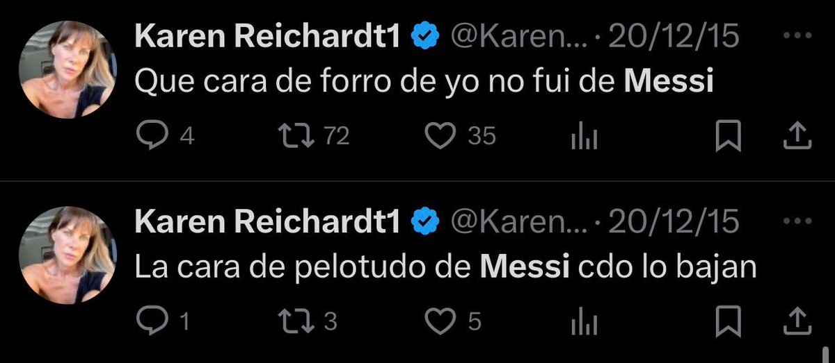 🚨#AHORA | Los fuertes tuits que comenzaron a circular de la candidata de la Libertad Avanza, Karen Reichardt, contra ¡Lionel #Messi! 

📌"Cagón en Argentina no existís" "A Messi no me lo banco hace años", son algunos de los mensajes en la cuenta de la modelo que encabeza de la