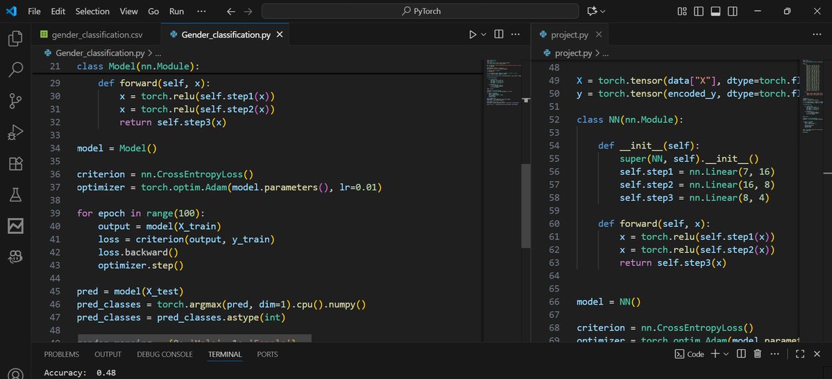 Jakaria_2077's tweet image. Day 42/90:
✅Learned NN-Module in Pytorch
✅Build a Neural Net of around 500 parameters for classification problem with accuracy score of 48%
✅Learned about argmax and mapping.
#AI #100DaysOfCode #CodingJournal #MachineLearning #tech