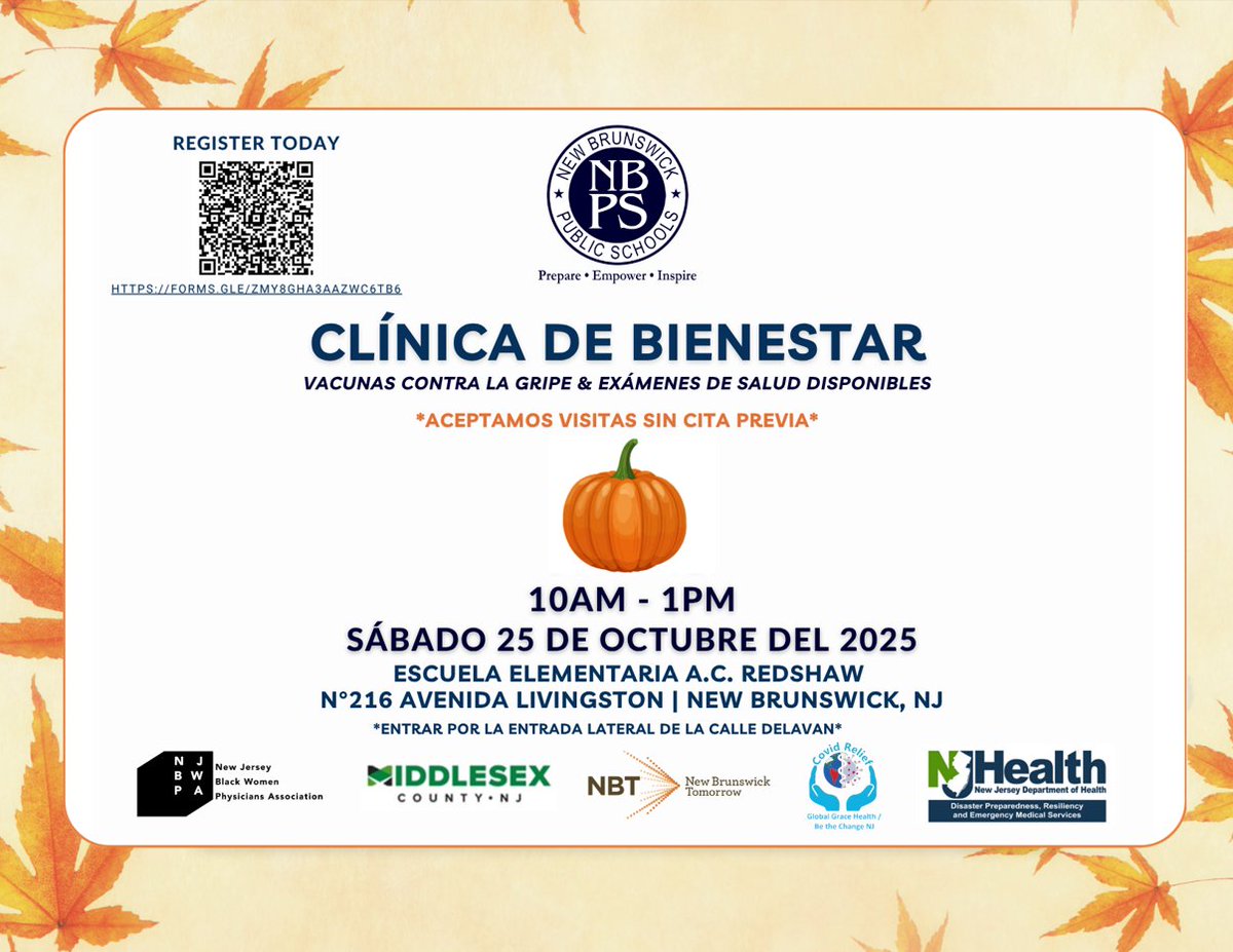 Stay healthy this season! Join us for the NBPS Wellness Clinic Sat, Oct 25 | 10 a.m. –1 p.m.  at A.C. Redshaw Elementary, New Brunswick.
Flu vaccines &amp; health screenings — walk-ins welcome!
#NBPS #WellnessClinic #FluShot #NJHealth #StayHealthy