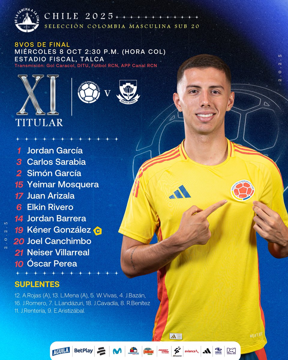 🚨 𝗧𝗜𝗧𝗨𝗟𝗔𝗥

Así formará nuestra Selección Colombia Masculina Sub 20 para enfrentar a Sudáfrica🇿🇦 en los Octavos de Final de la Copa Mundial de la FIFA.

#LaSeleNosUne🇨🇴