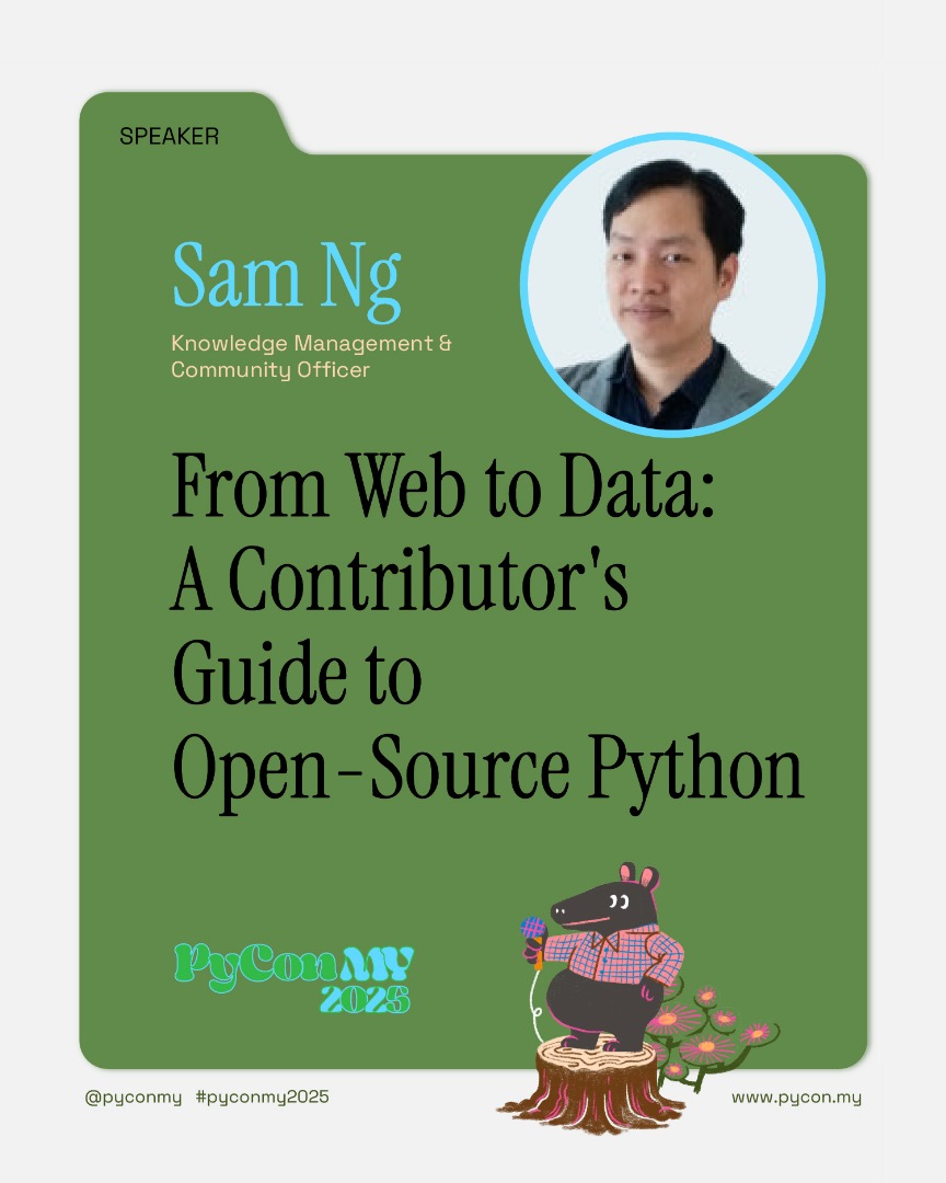 Struggling to make your first open-source contribution? 😥 Let an expert guide you at @PyConMY! 🐍

Meet your speaker: Sam Ng 🎤
🔹 Ex-Cloud Security Maxis ☁️🛡️
🔹 Now: Knowledge &amp; Community Sinar Project 🤝
🔹 DevOps MY volunteer &amp; community builder 🛠️

He's been where you are!