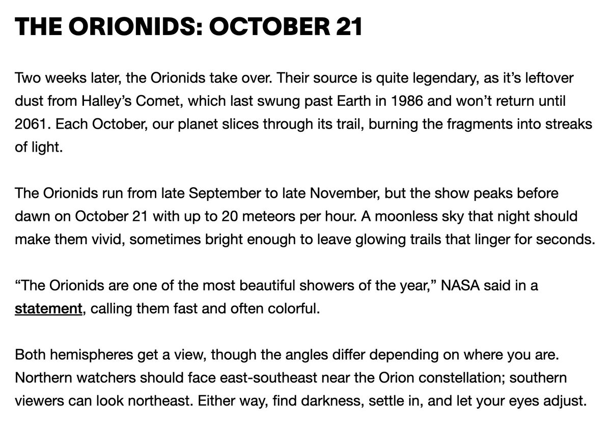 sporadica's tweet image. idk what you're doing on October 21, but if it doesn't involve driving out to the darkest, most remote location you can think of and stargazing all throughout the night, you're doing life incorrectly

the Orionids meteor shower AND a visible comet

how could you miss this??